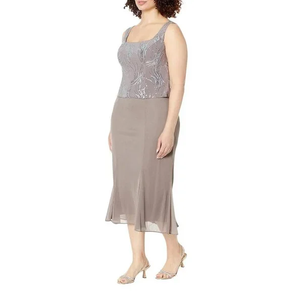 Alex Evenings Women's Tea Length Sequin Dress Pewter Brown / Frost 10 - Picture 9 of 14